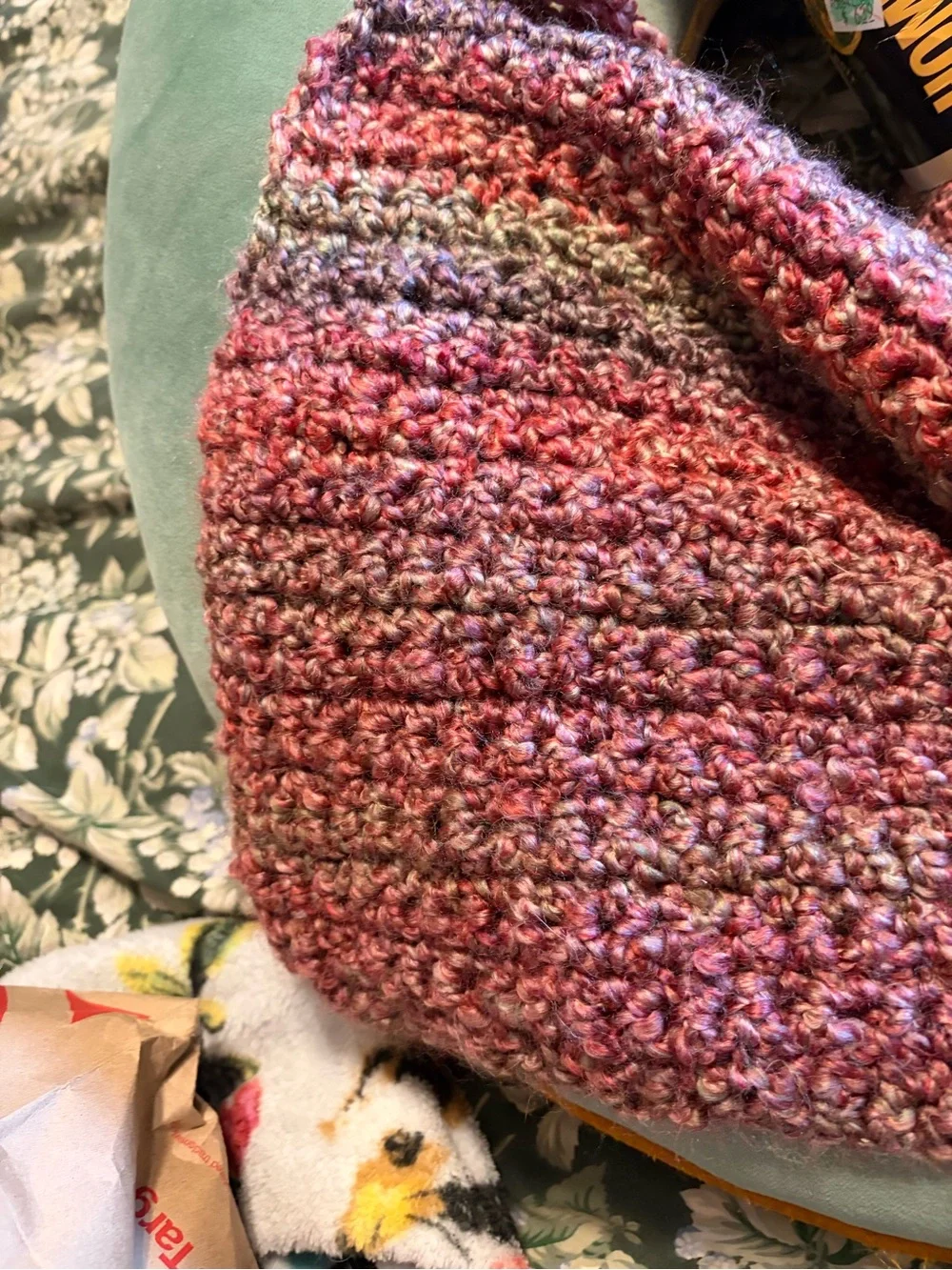 Homespun Variegated Pink Lavender Crochet Throw with Yarn bundle in Great Plains